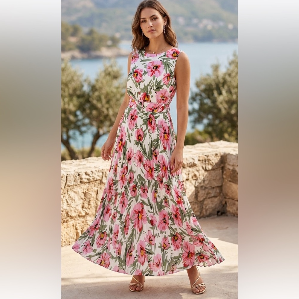 Gorgeous T Tahari pink floral‎ pleated maxi dress. New
